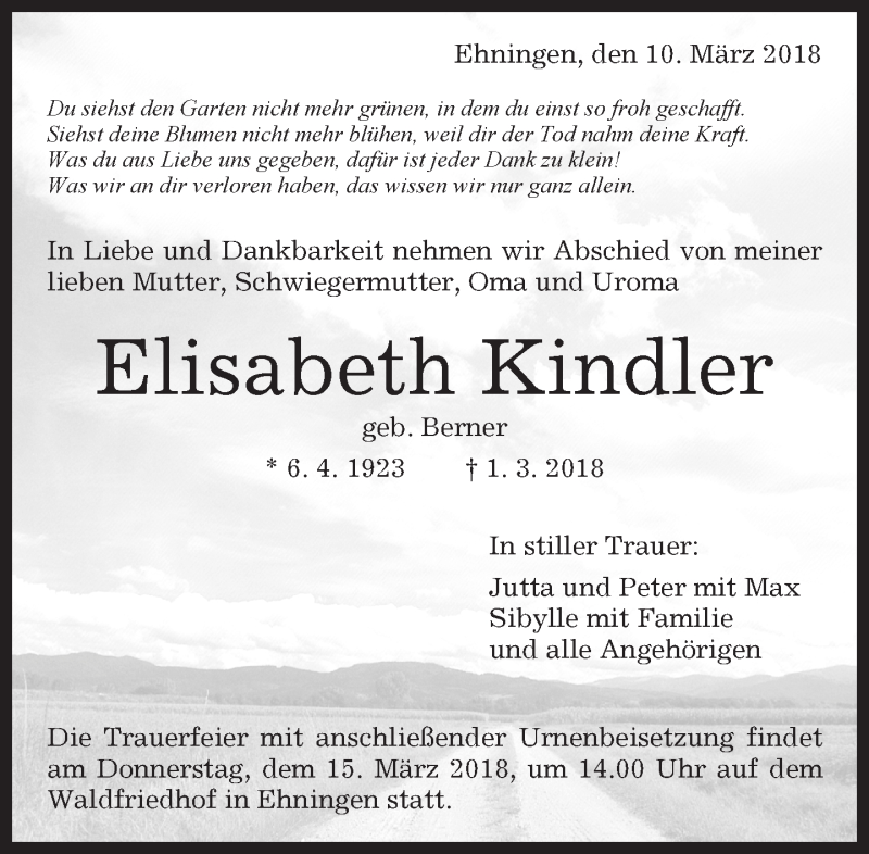  Traueranzeige für Elisabeth Kindler vom 10.03.2018 aus Kreiszeitung Böblinger Bote