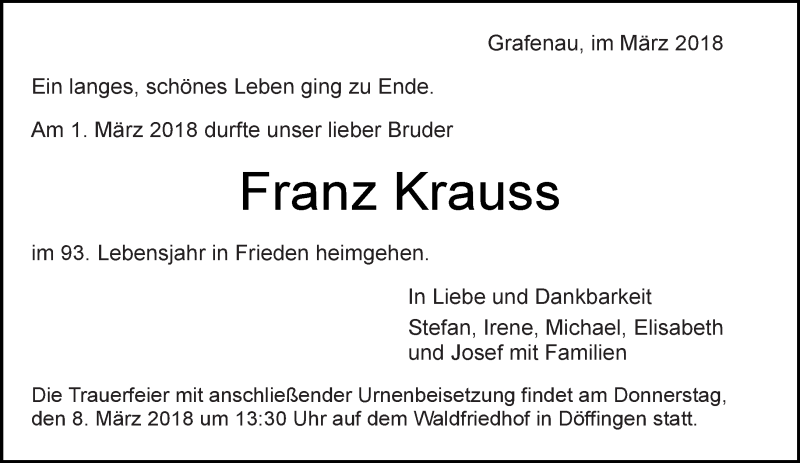  Traueranzeige für Franz Krauss vom 06.03.2018 aus Kreiszeitung Böblinger Bote
