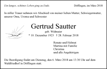 Traueranzeige von Gertrud Sautter von Kreiszeitung Böblinger Bote