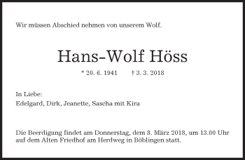 Traueranzeige von Hans-Wolf Höss von Kreiszeitung Böblinger Bote