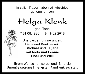 Traueranzeige von Helga Klenk von Kreiszeitung Böblinger Bote