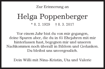 Traueranzeige von Helga Poppenberger von Kreiszeitung Böblinger Bote