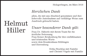 Traueranzeige von Helmut Hiller von Kreiszeitung Böblinger Bote