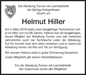 Traueranzeige von Helmut Hiller von Kreiszeitung Böblinger Bote
