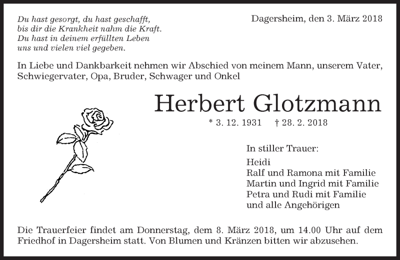  Traueranzeige für Herbert Glotzmann vom 03.03.2018 aus Kreiszeitung Böblinger Bote