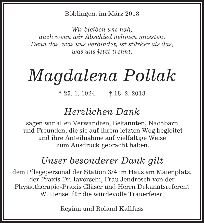  Traueranzeige für Magdalena Pollak vom 06.03.2018 aus Kreiszeitung Böblinger Bote