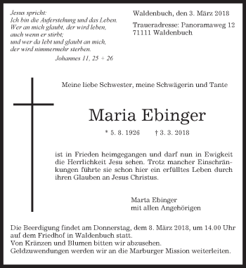 Traueranzeige von Maria Ebinger von Kreiszeitung Böblinger Bote