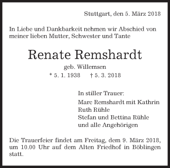 Traueranzeige von Renate Remshardt von Kreiszeitung Böblinger Bote