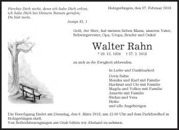 Traueranzeige von Walter Rahn von Kreiszeitung Böblinger Bote