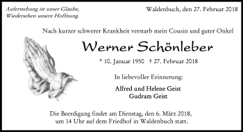 Traueranzeige von Werner Schönleber von Kreiszeitung Böblinger Bote