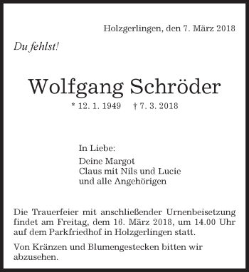 Traueranzeige von Wolfgang Schröder von Kreiszeitung Böblinger Bote