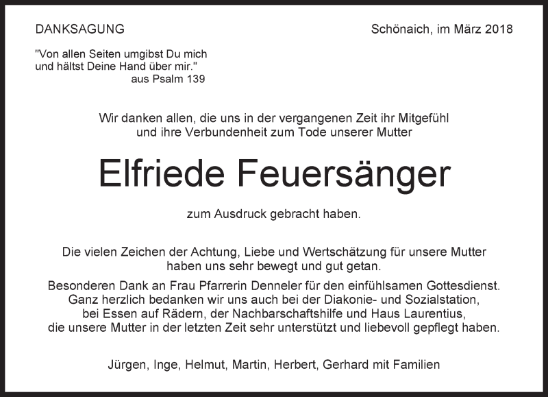  Traueranzeige für Elfriede Feuersänger vom 12.04.2018 aus Kreiszeitung Böblinger Bote