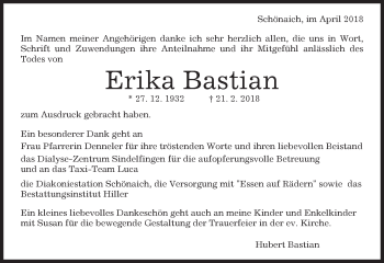 Traueranzeige von Erika Bastian von Kreiszeitung Böblinger Bote