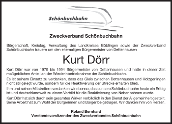 Traueranzeige von Kurt Dörr von Kreiszeitung Böblinger Bote