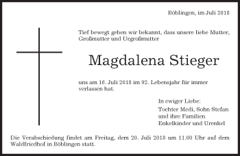 Traueranzeige von Magdalena Stieger von Kreiszeitung Böblinger Bote