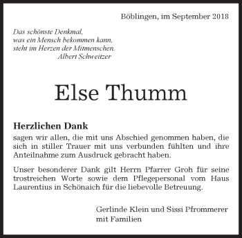 Traueranzeige von Else Thumm von Kreiszeitung Böblinger Bote