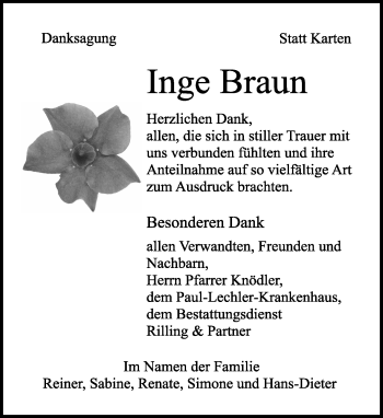 Traueranzeige von Inge Braun von Kreiszeitung Böblinger Bote
