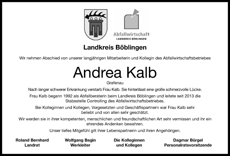  Traueranzeige für Andrea Kalb vom 15.01.2019 aus Kreiszeitung Böblinger Bote