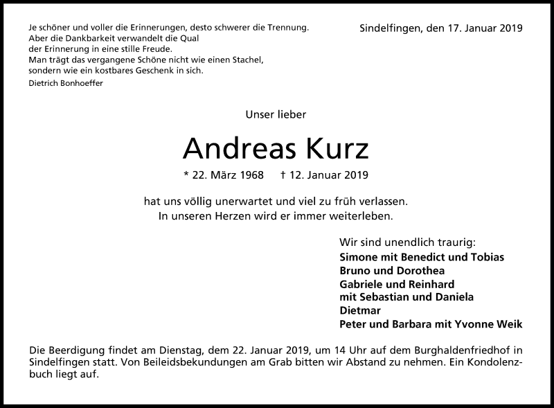  Traueranzeige für Andreas Kurz vom 17.01.2019 aus Kreiszeitung Böblinger Bote