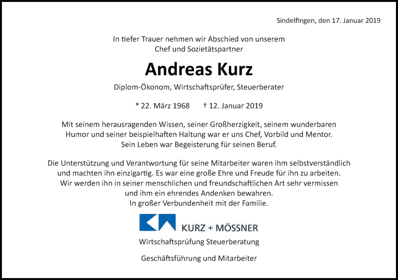  Traueranzeige für Andreas Kurz vom 17.01.2019 aus Kreiszeitung Böblinger Bote