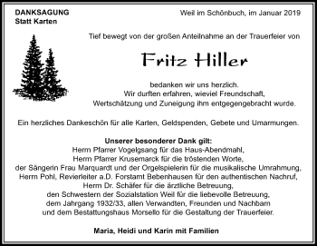 Traueranzeige von Fritz Hiller von Kreiszeitung Böblinger Bote