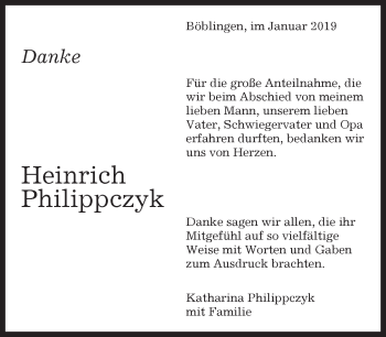 Traueranzeige von Heinrich Philippczyk von Kreiszeitung Böblinger Bote