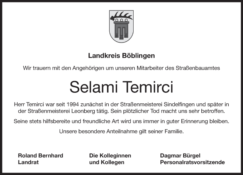  Traueranzeige für Selami Temirci vom 04.01.2019 aus Kreiszeitung Böblinger Bote