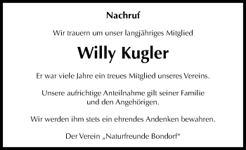Traueranzeige von Willy Kugler von Kreiszeitung Böblinger Bote