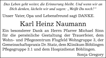 Traueranzeige von Karl Heinz Naumann von Kreiszeitung Böblinger Bote