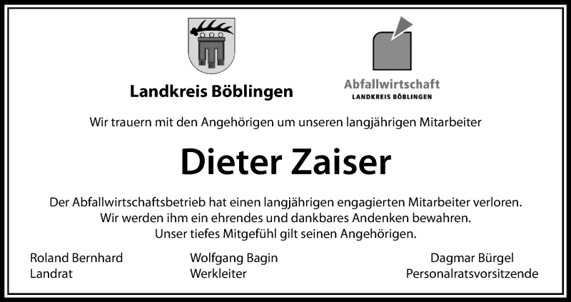  Traueranzeige für Dieter Zaiser vom 09.11.2019 aus Kreiszeitung Böblinger Bote