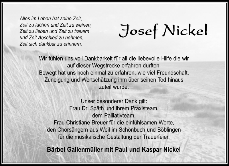  Traueranzeige für Josef Nickel vom 21.11.2019 aus Kreiszeitung Böblinger Bote