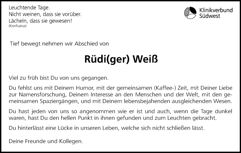  Traueranzeige für Rüdiger Weiß vom 14.11.2019 aus Kreiszeitung Böblinger Bote