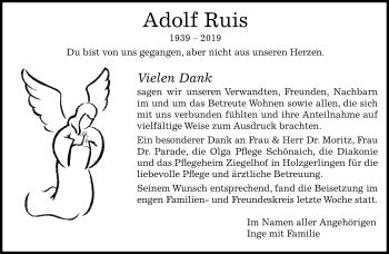 Traueranzeige von Adolf Ruis von Kreiszeitung Böblinger Bote