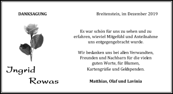 Traueranzeige von Ingrid Rowas von Kreiszeitung Böblinger Bote