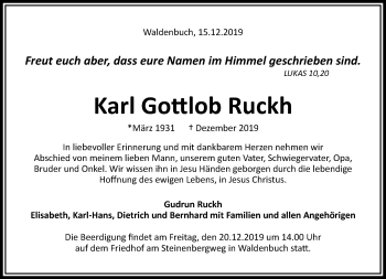 Traueranzeige von Karl Gottlob Ruckh von Kreiszeitung Böblinger Bote
