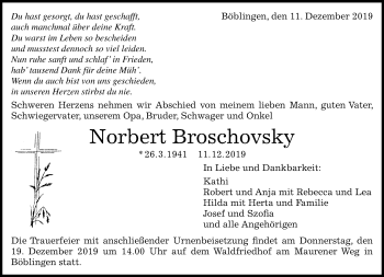 Traueranzeige von Norbert Broschovsky von Kreiszeitung Böblinger Bote