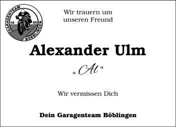 Traueranzeige von Alexander Ulm von Kreiszeitung Böblinger Bote