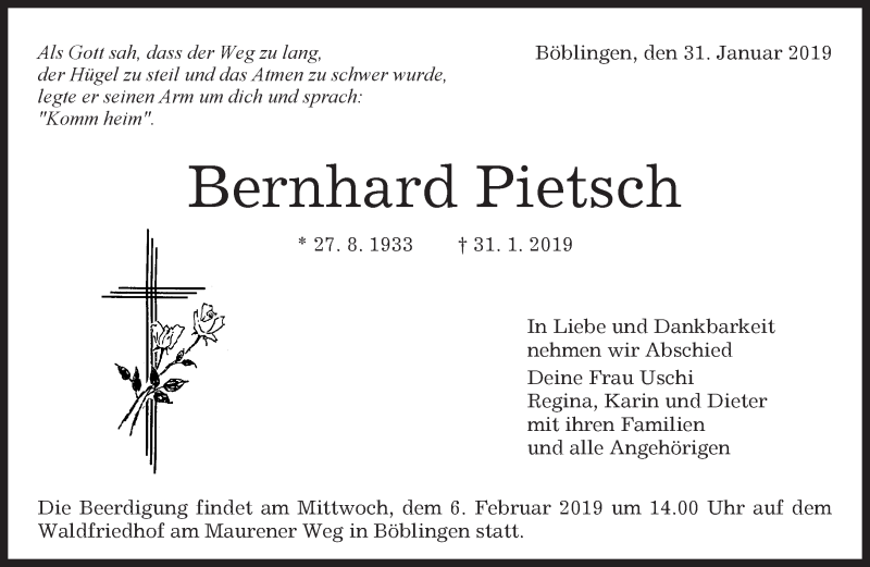  Traueranzeige für Bernhard Pietsch vom 02.02.2019 aus Kreiszeitung Böblinger Bote