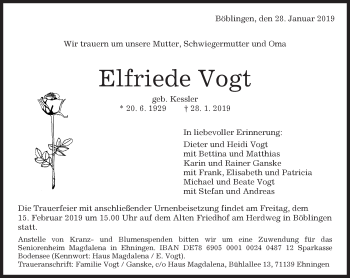 Traueranzeige von Elfriede Vogt von Kreiszeitung Böblinger Bote