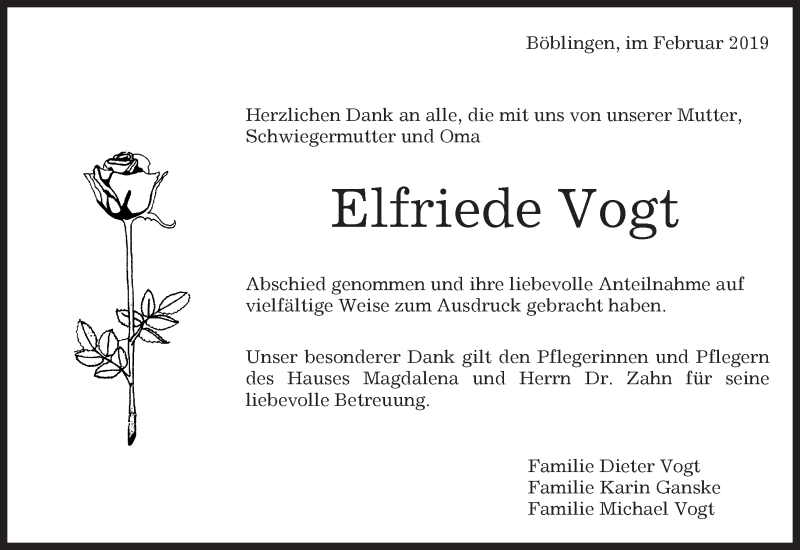  Traueranzeige für Elfriede Vogt vom 23.02.2019 aus Kreiszeitung Böblinger Bote