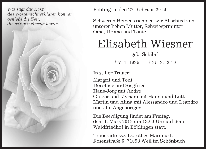 Traueranzeige für Elisabeth Wiesner vom 27.02.2019 aus Kreiszeitung Böblinger Bote