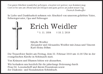 Traueranzeige von Erich Weidler von Kreiszeitung Böblinger Bote