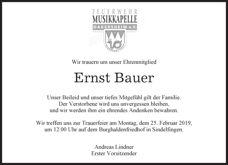  Traueranzeige für Ernst Bauer vom 23.02.2019 aus Kreiszeitung Böblinger Bote
