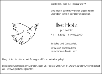 Traueranzeige von Ilse Hotz von Kreiszeitung Böblinger Bote