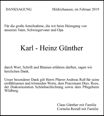 Traueranzeige von Karl Heinz Günther von Kreiszeitung Böblinger Bote