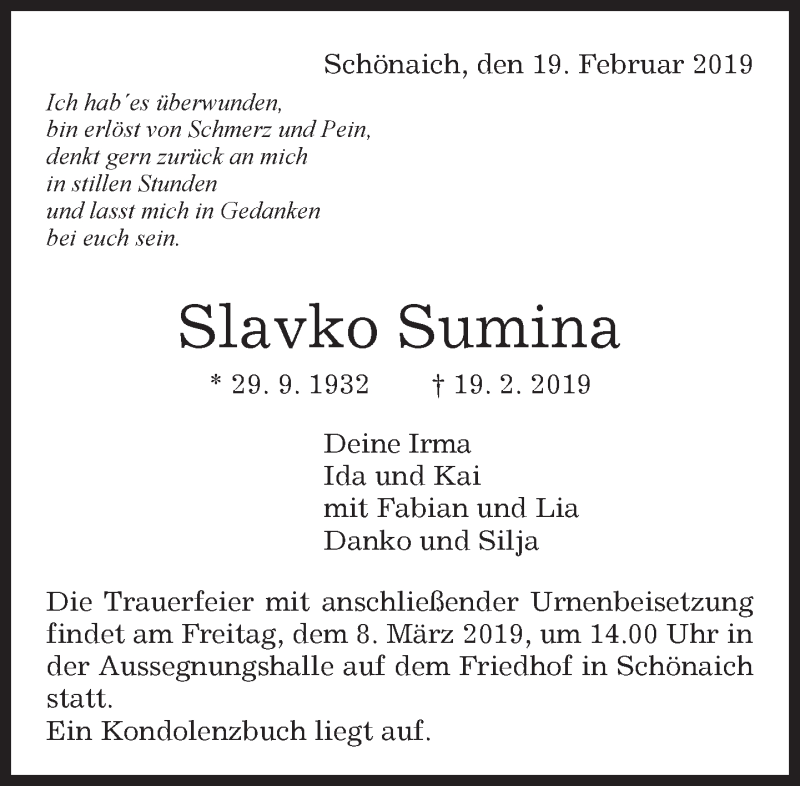  Traueranzeige für Slavko Sumina vom 28.02.2019 aus Kreiszeitung Böblinger Bote