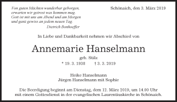 Traueranzeige von Annemarie Hanselmann von Kreiszeitung Böblinger Bote