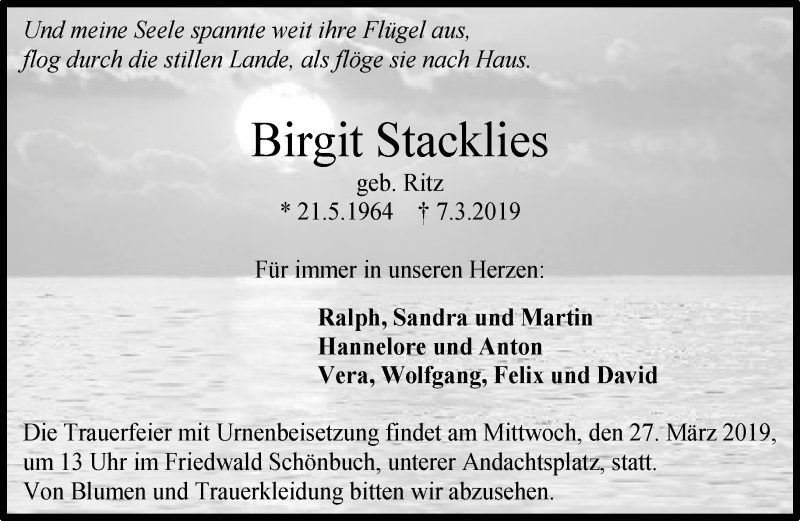  Traueranzeige für Birgit Stacklies vom 20.03.2019 aus Kreiszeitung Böblinger Bote