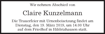 Traueranzeige von Claire Kunzelmann von Kreiszeitung Böblinger Bote
