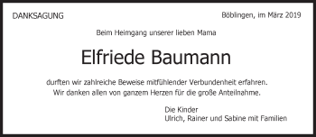 Traueranzeige von Elfriede Baumann von Kreiszeitung Böblinger Bote